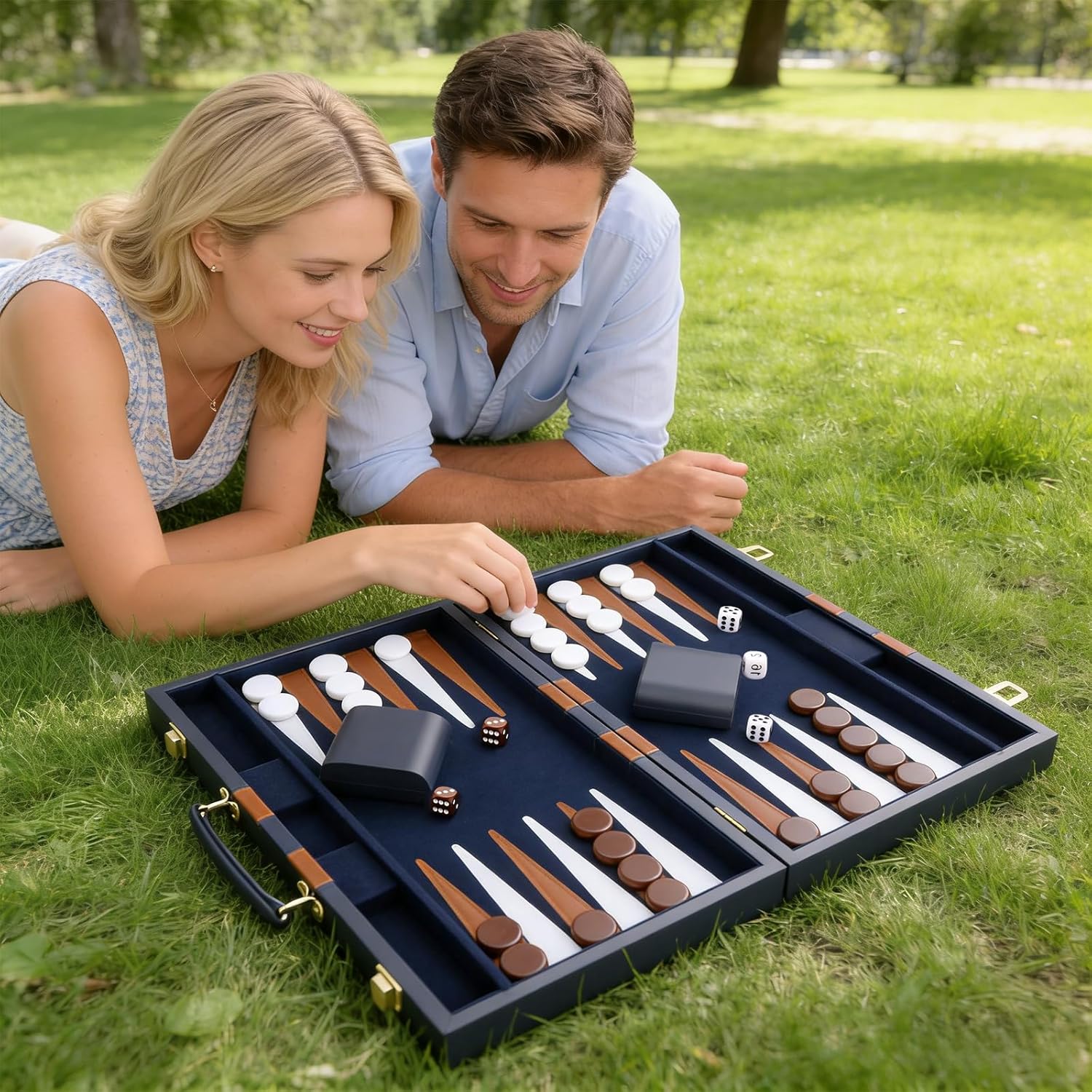 Backgammon Set - Classic Board Game with Premium Leather Case - Portable Travel Strategy Backgammon Game Set for Adults, Kids - Suitable as (18inch, Navy)