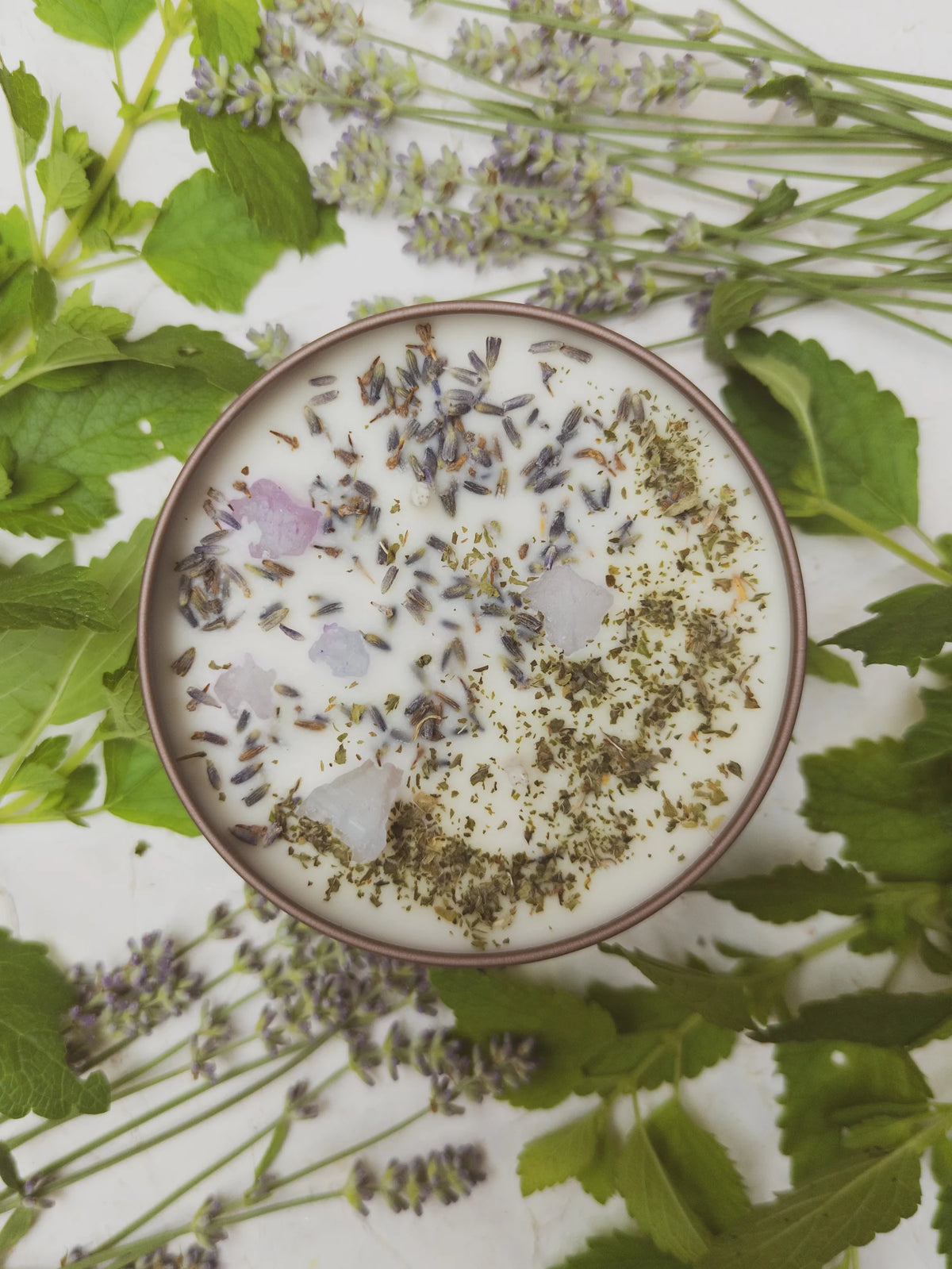 Soothe lavender mint soy candle topped with lavender buds, violet salt and crushed mint leaves
