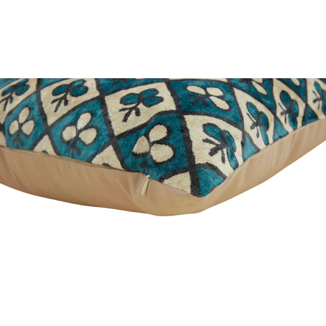 Detailed texture of luxurious silk velvet fabric with geometric club motifs