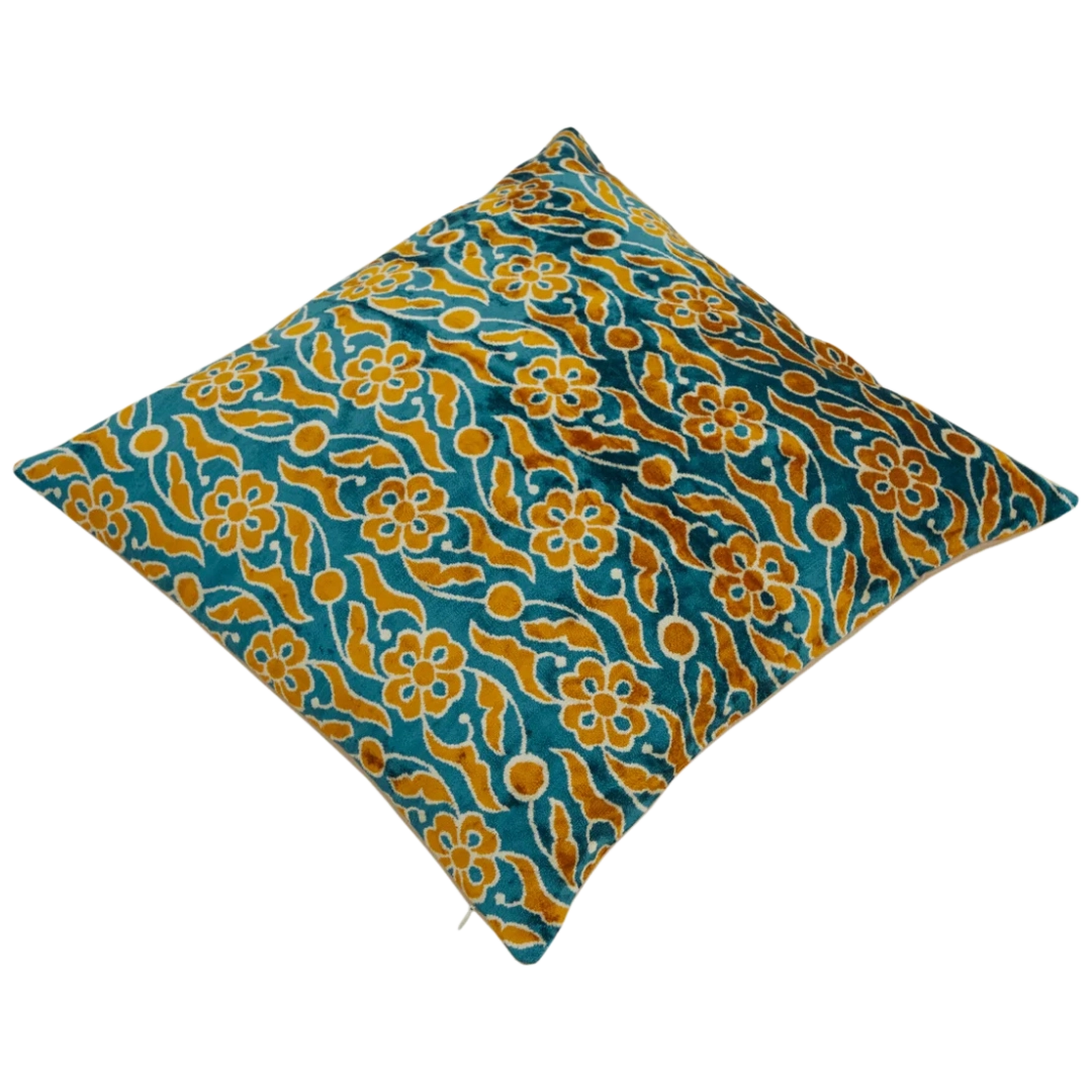 Silk Velvet Pillow Cover Blue Yellow Floral