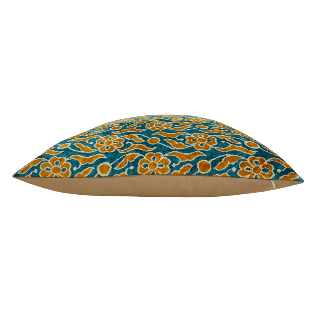 Silk Velvet Pillow Cover Blue Yellow Floral