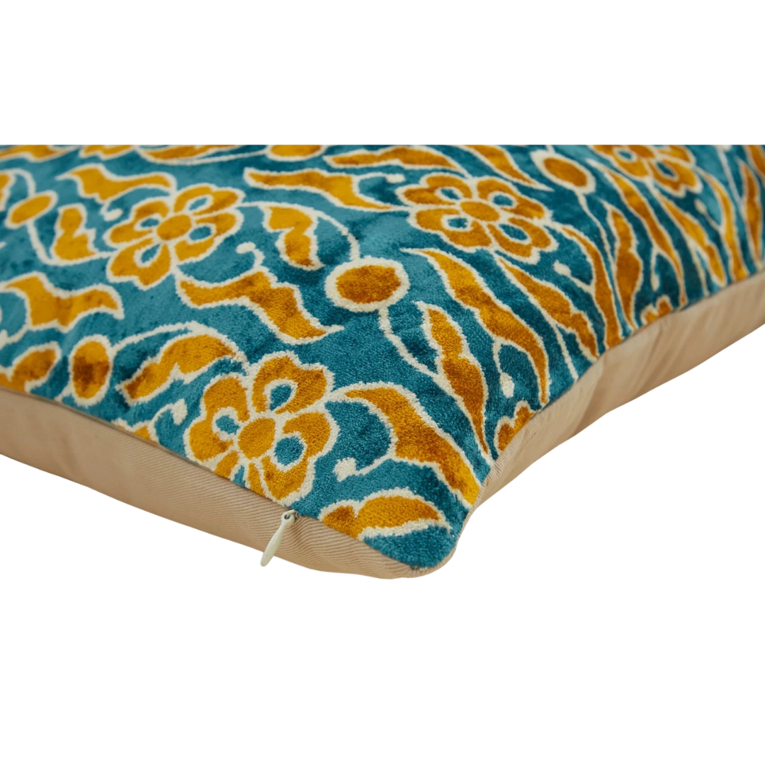 Silk Velvet Pillow Cover Blue Yellow Floral