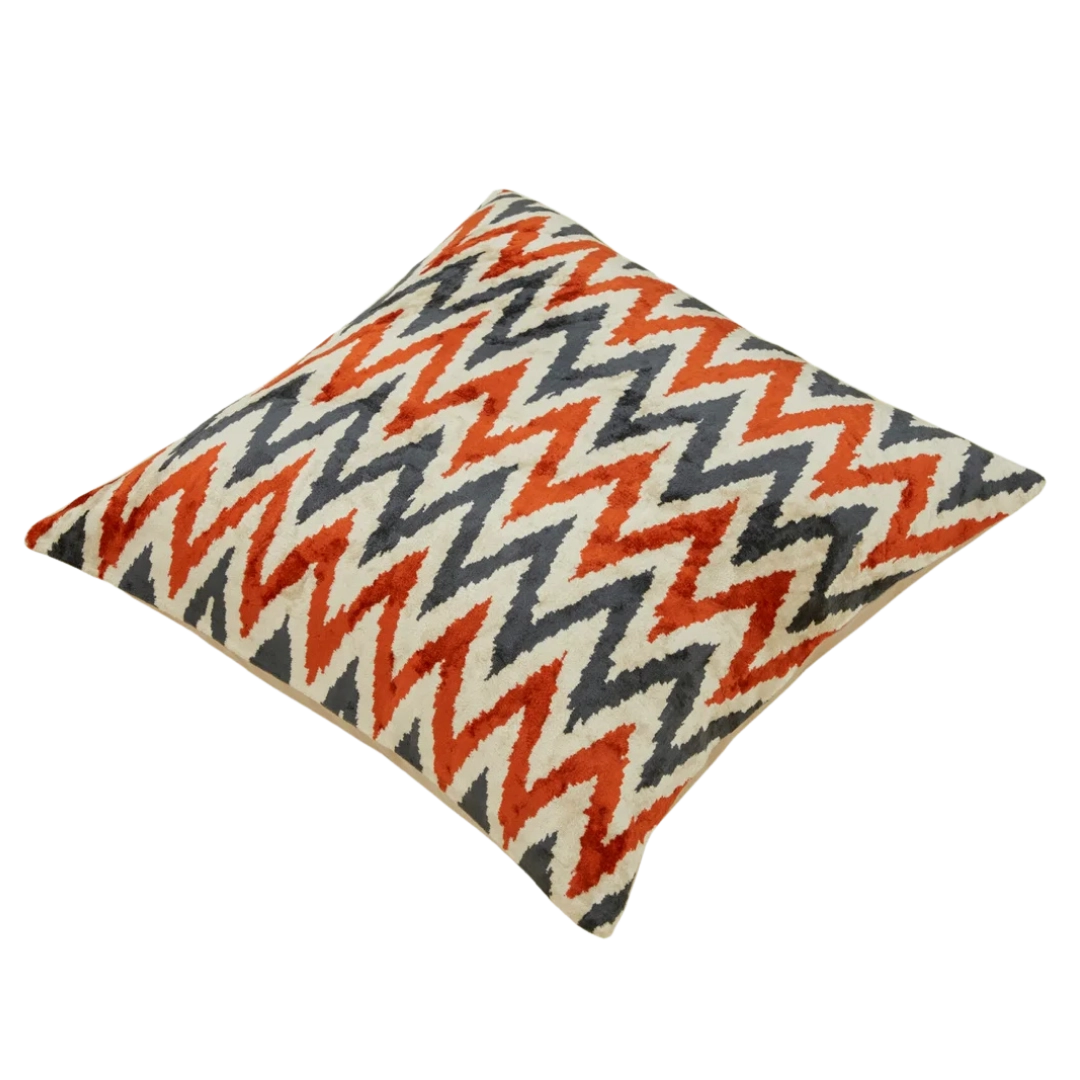 Silk Velvet Pillow Cover Orange Antracite Zigzag