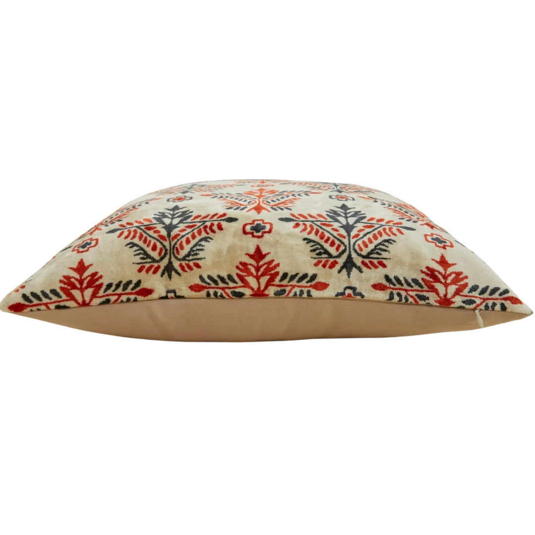 Side view of handmade silk velvet pillow cover in multicolor autumn palette