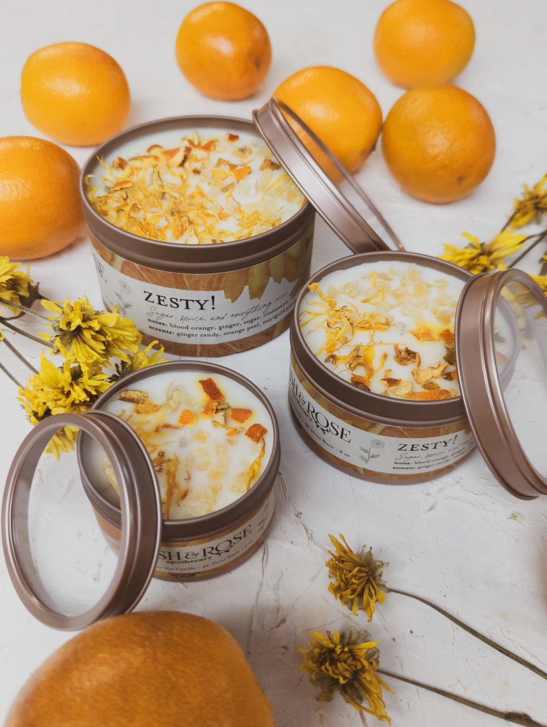 Zesty Orange Ginger Marigold Soy Tin Candle.