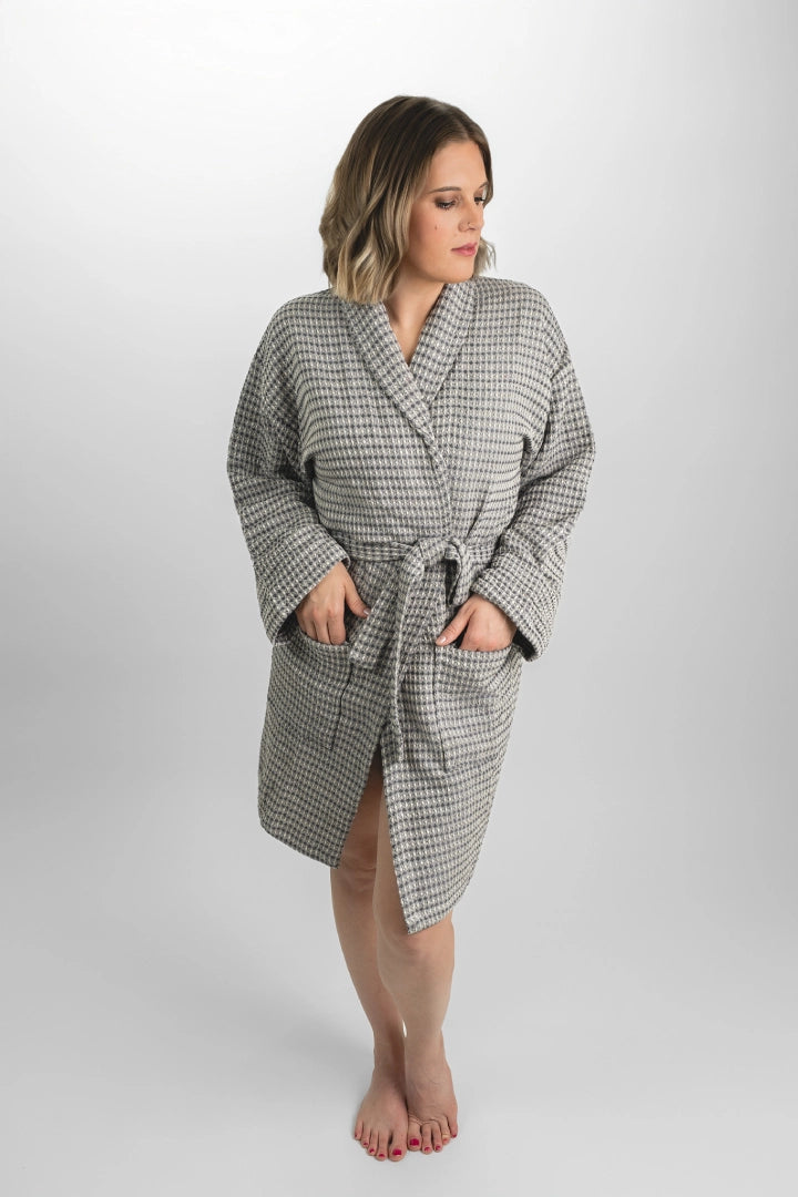 The Aegean Stone Gray waffle peshtemal bathrobe shown belted, straight-on front view