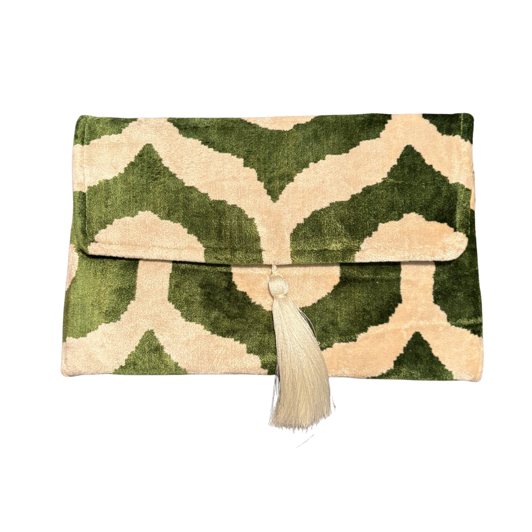 Olive green ogee medallions on a cream silk velvet clutch with an ivory tassel