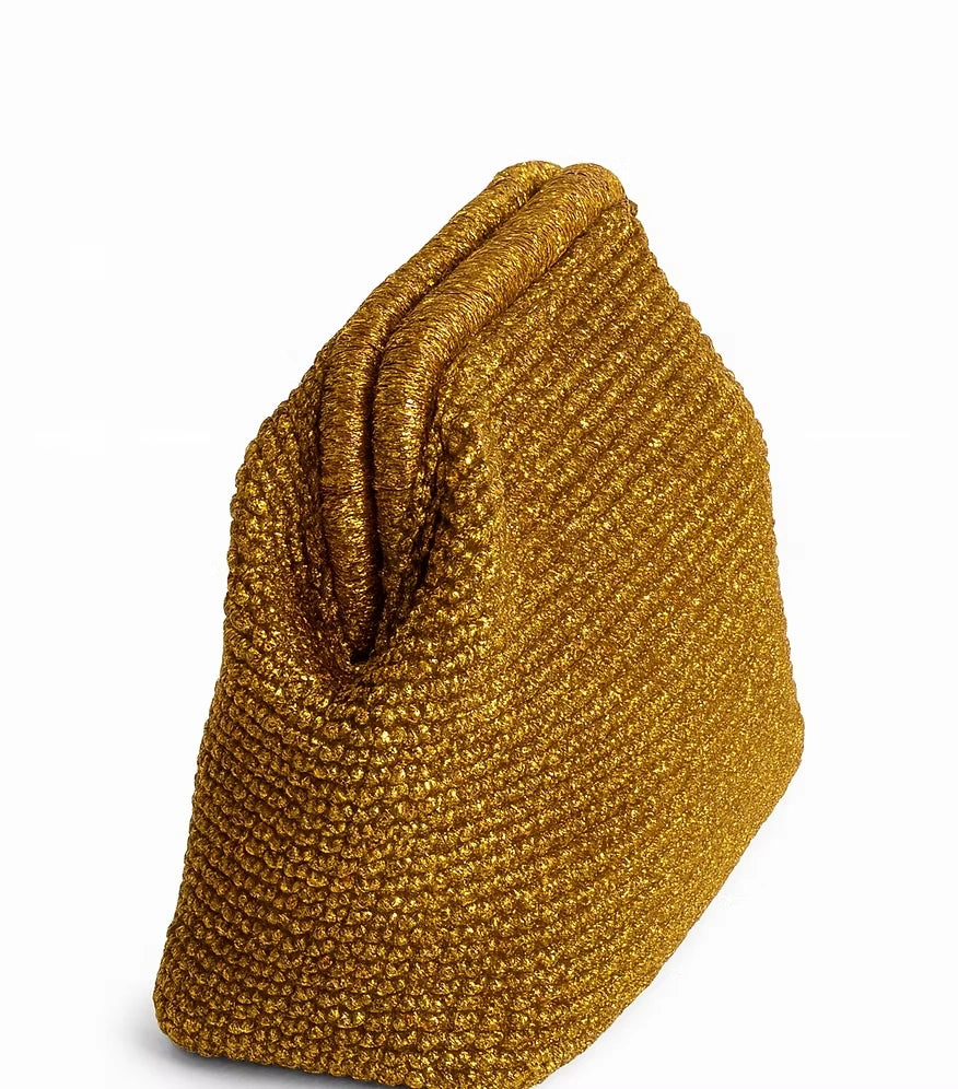 Gold Sabine metallic crochet clutch standing upright, front view