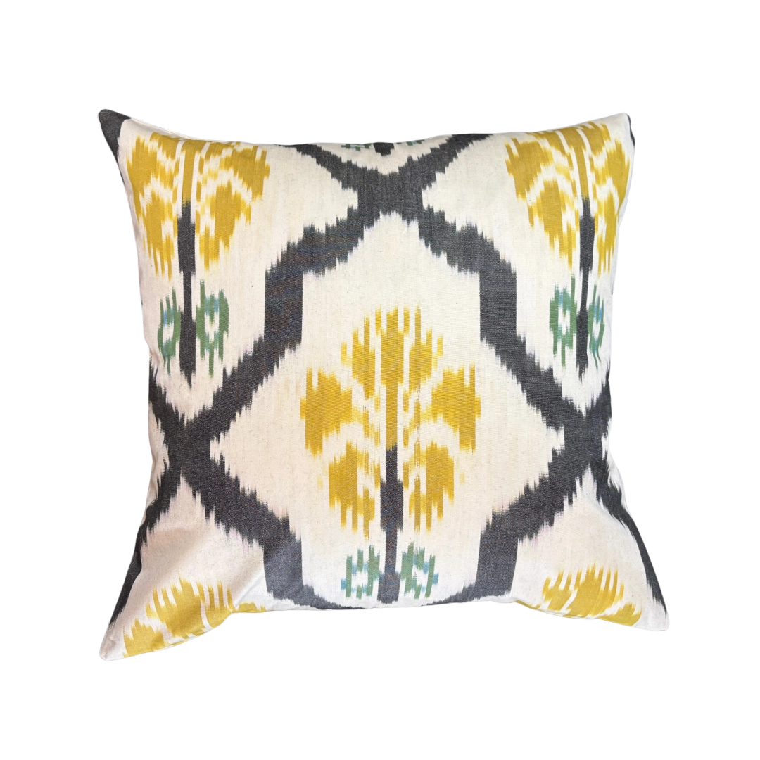 Ivory ikat throw pillow cover with charcoal lattice framing saffron blooms, 20x20