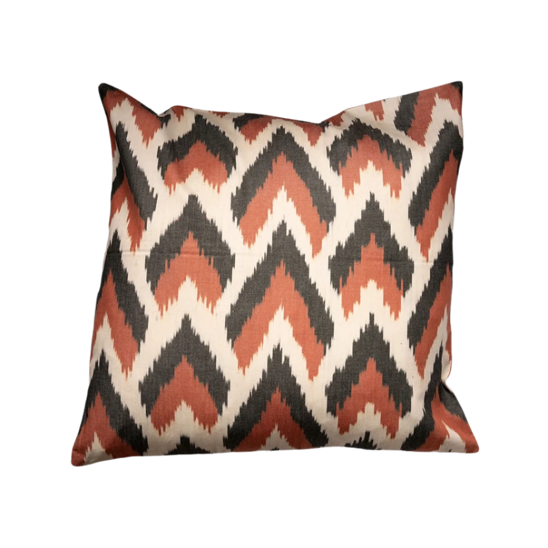 Cinnamon and charcoal ikat chevron throw pillow cover on ivory, 20x20