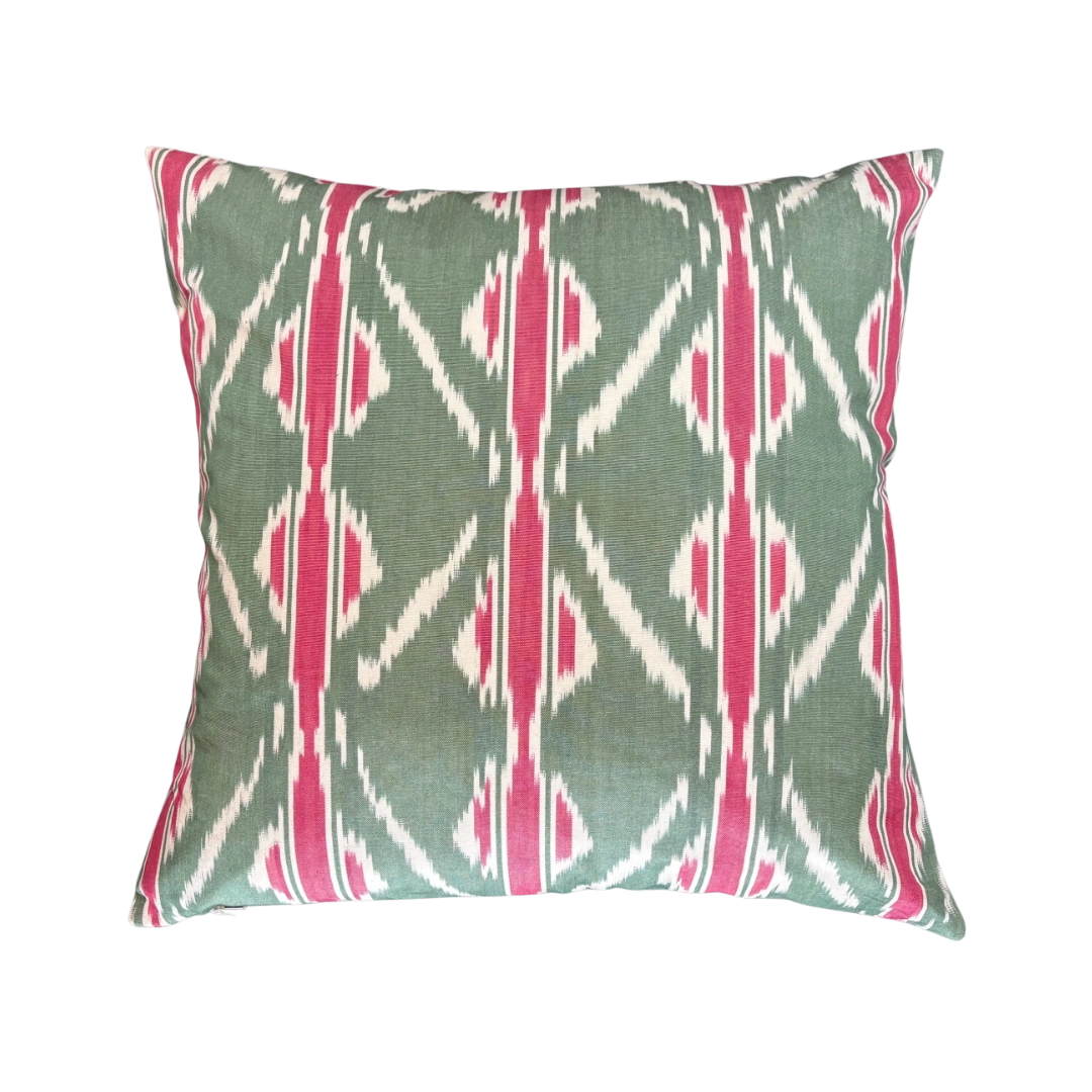 Olive green and coral ikat throw pillow cover with a vertical flame pattern, 20x20