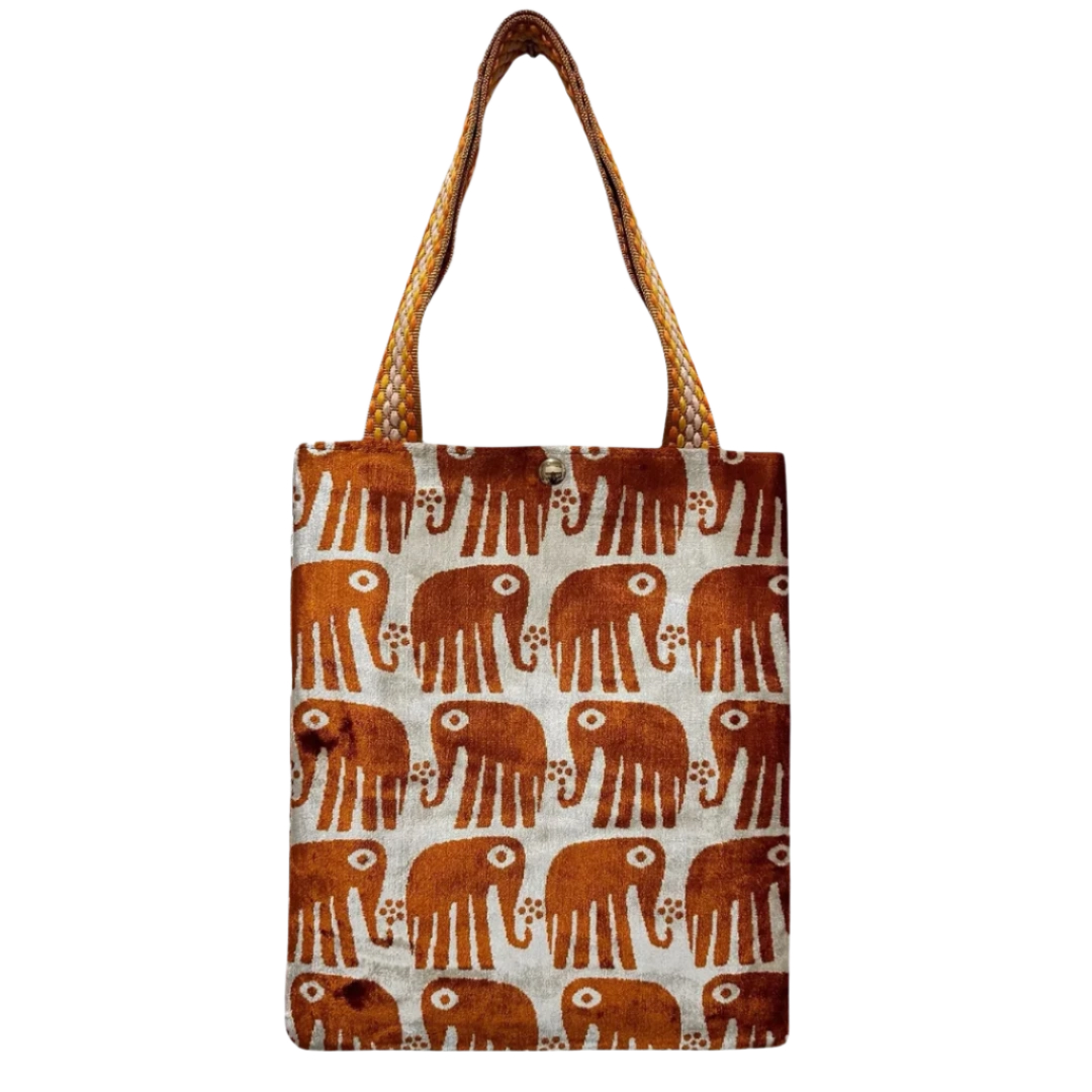 Cinnamon brown elephant pattern silk velvet shoulder bag on ivory