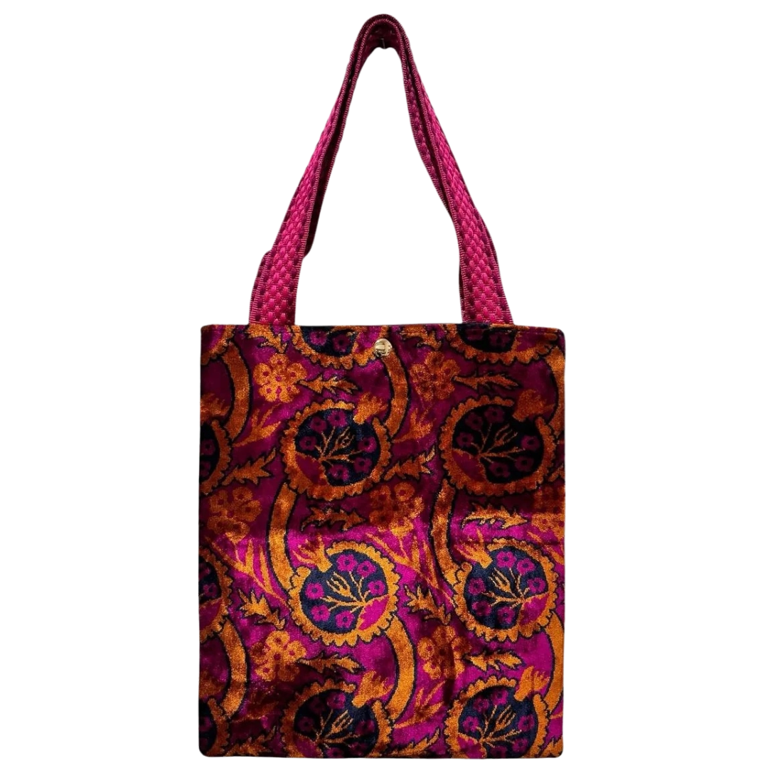Wine magenta silk velvet shoulder bag with floral rosettes in scalloped rings
