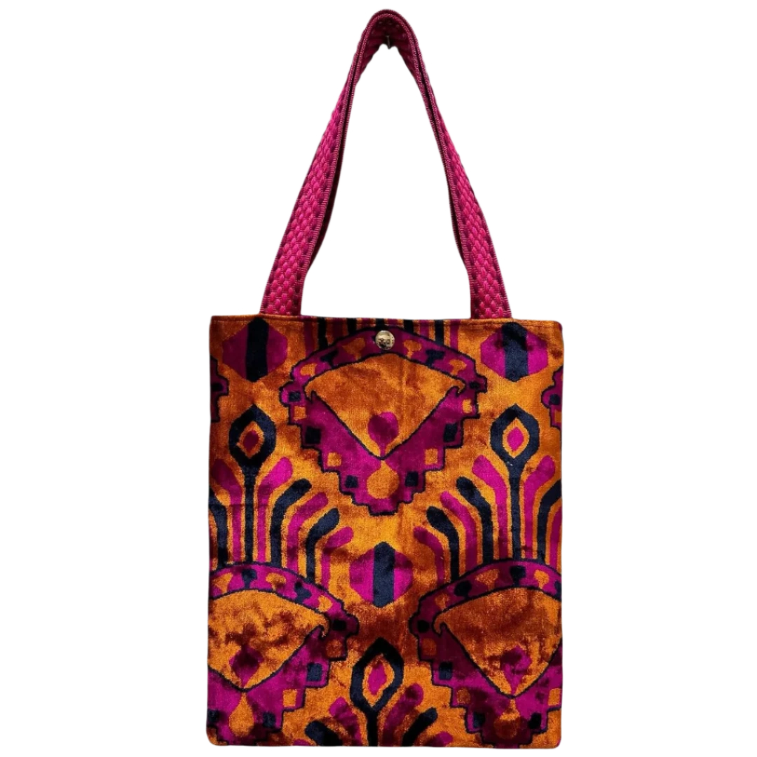 Burnt orange ikat medallion silk velvet shoulder bag with radiating arches