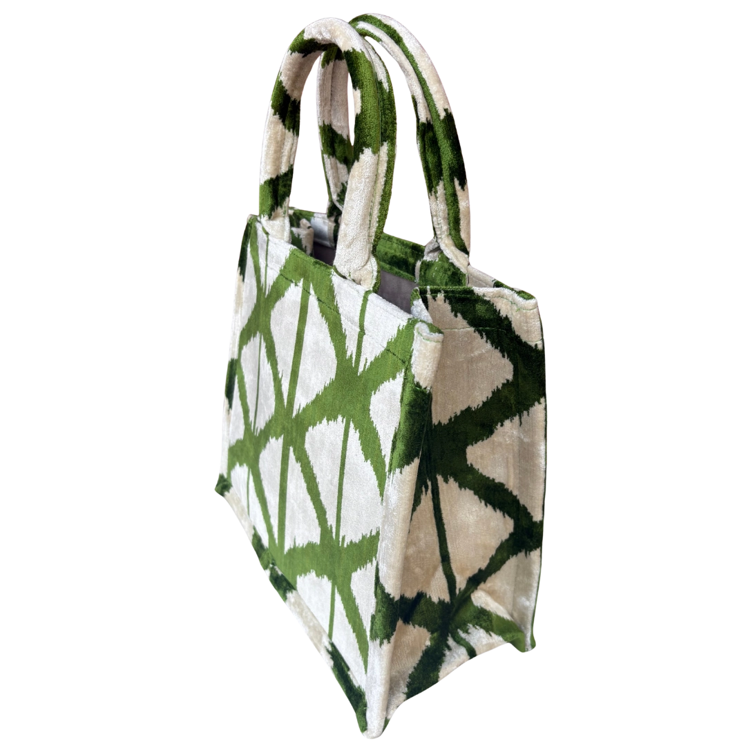 Side view of the Artistic Pattern silk velvet tote showing its boxy base and gusset