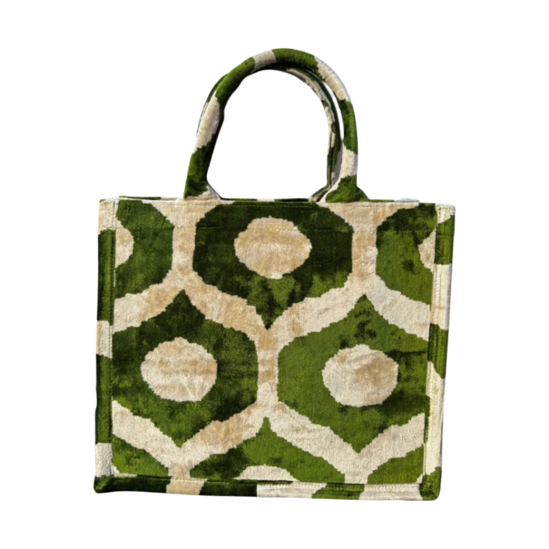 Green and cream medallion ogee silk velvet tote bag with matching handles, front view
