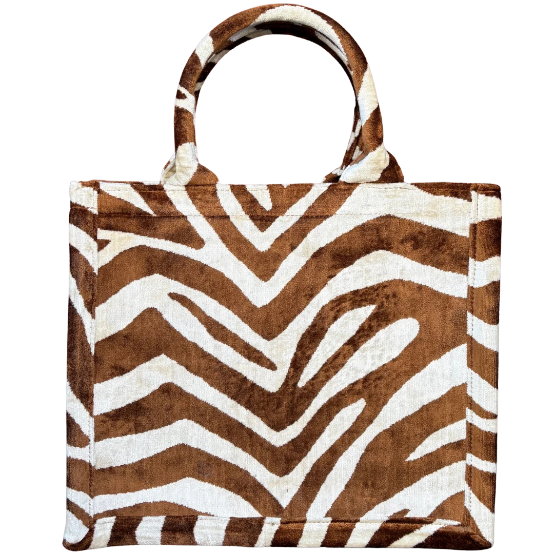 Brown and ivory zebra stripe silk velvet tote bag with matching handles, front view