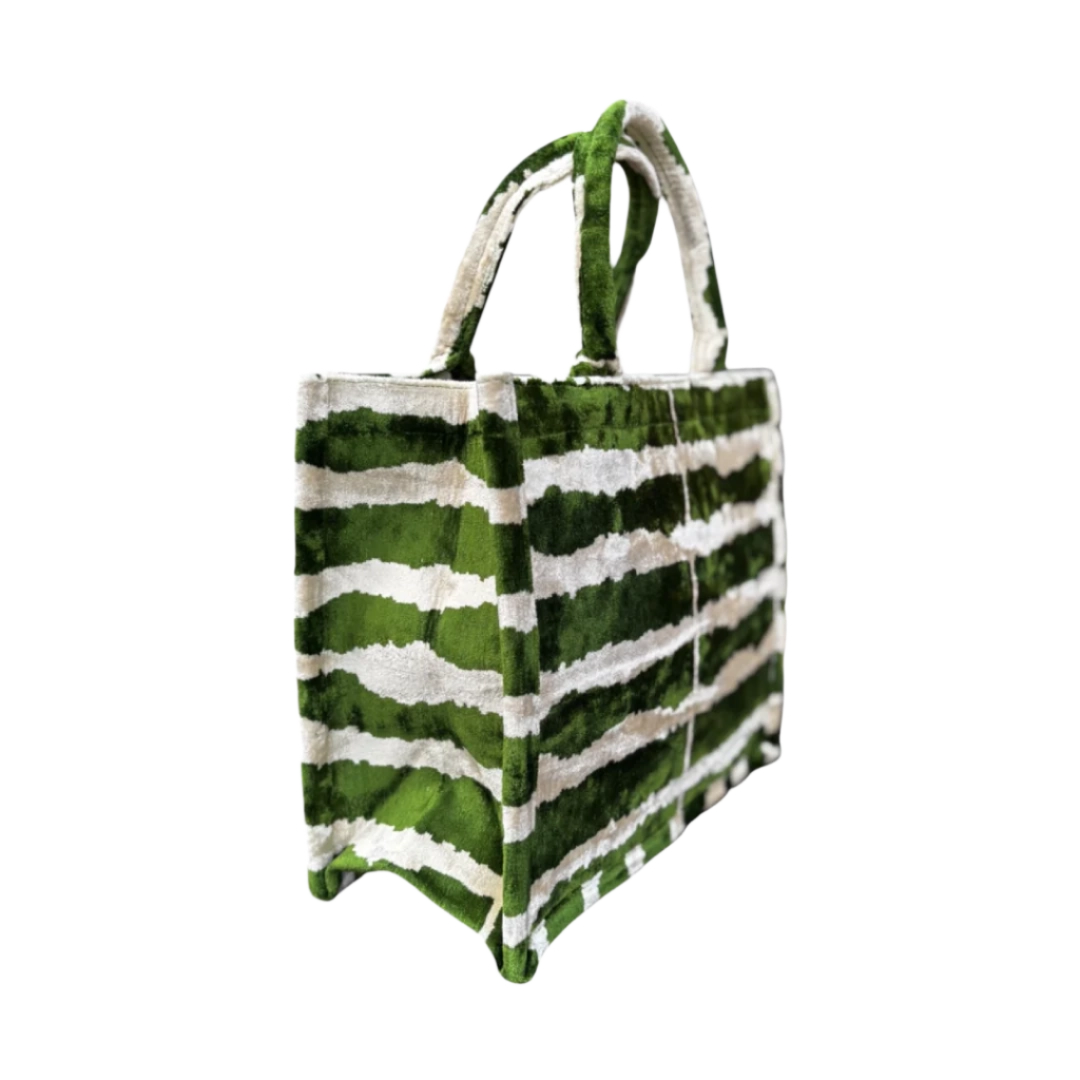 Side view of the Flow Pattern silk velvet tote showing its boxy base and gusset