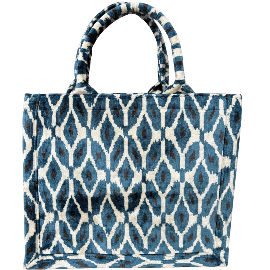Indigo and cream ikat diamond silk velvet tote bag with matching handles, front view
