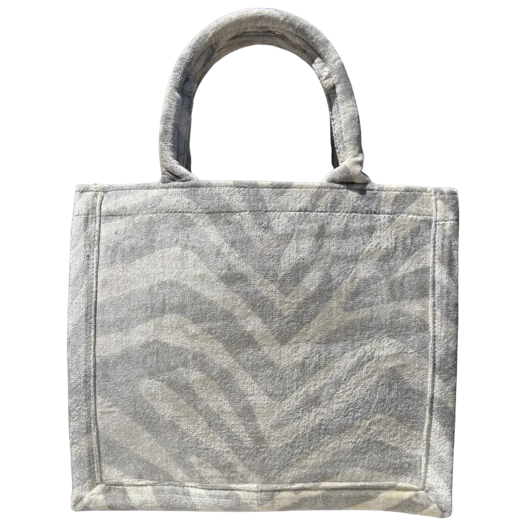 Silver and ivory zebra stripe silk velvet tote bag with matching handles, front view