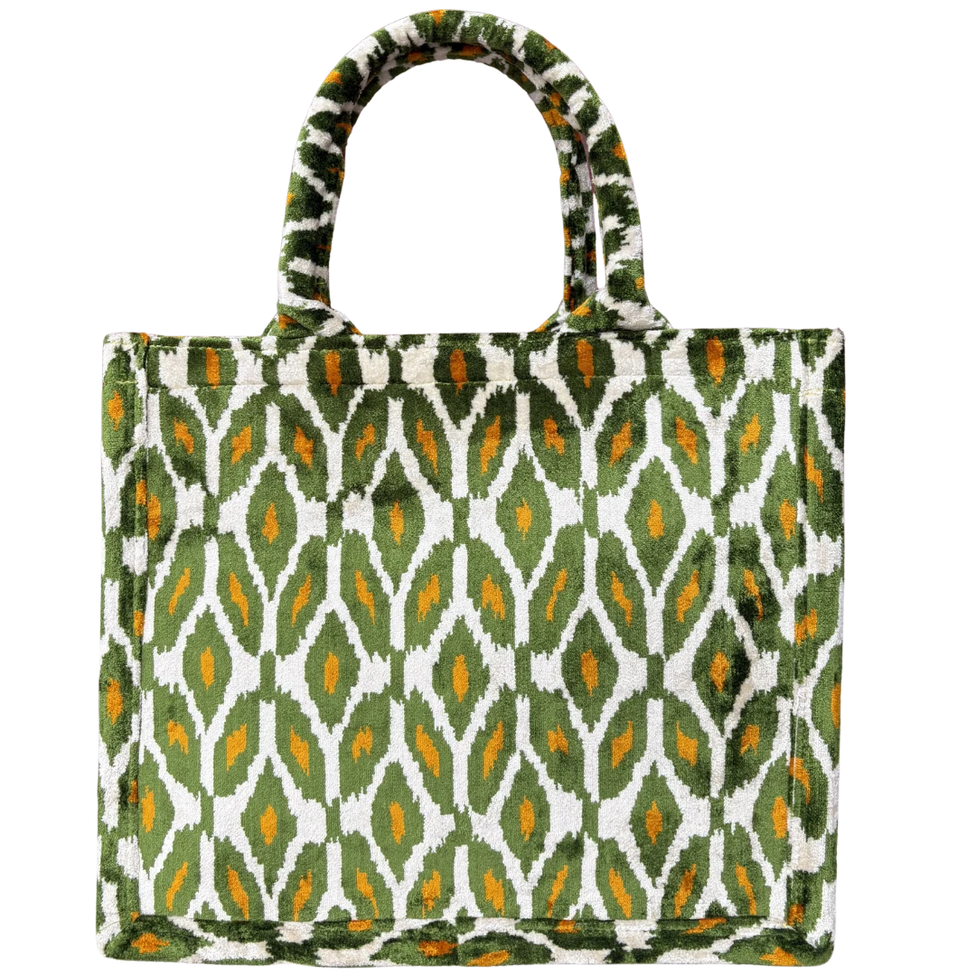 Olive and cream ikat diamond silk velvet tote bag with matching handles, front view