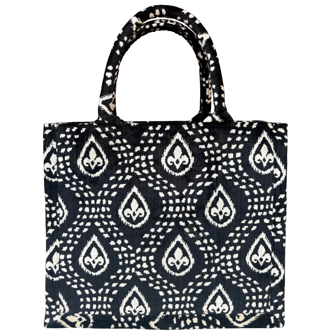Black and cream paisley silk velvet tote bag with matching handles, front view