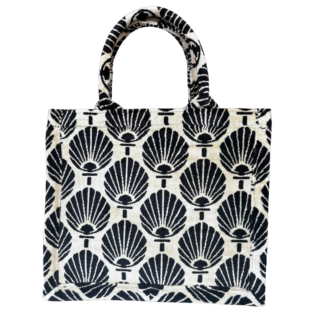 Navy and cream fanned scallop shell silk velvet tote bag with matching handles, front view
