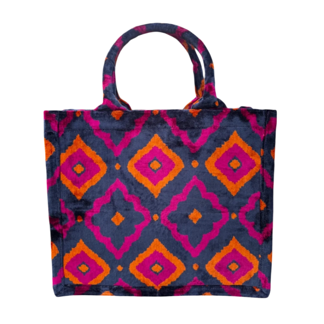 Navy, pink and orange concentric diamond silk velvet tote bag with matching handles, front view