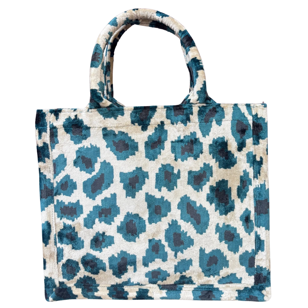 Teal and cream leopard silk velvet tote bag with matching handles, front view