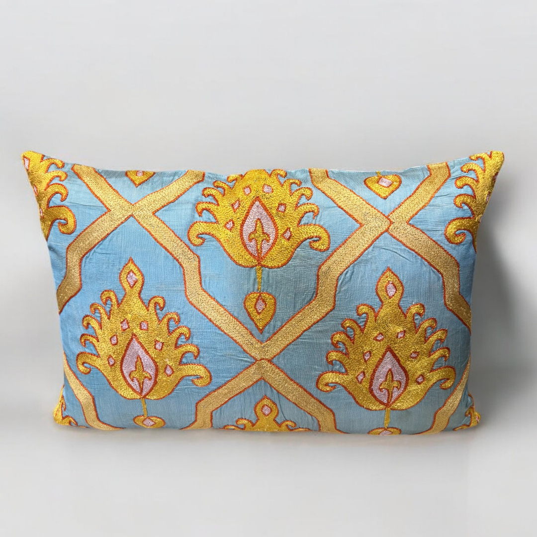 Suzani Yellow Flowers Blue Pillow Covers