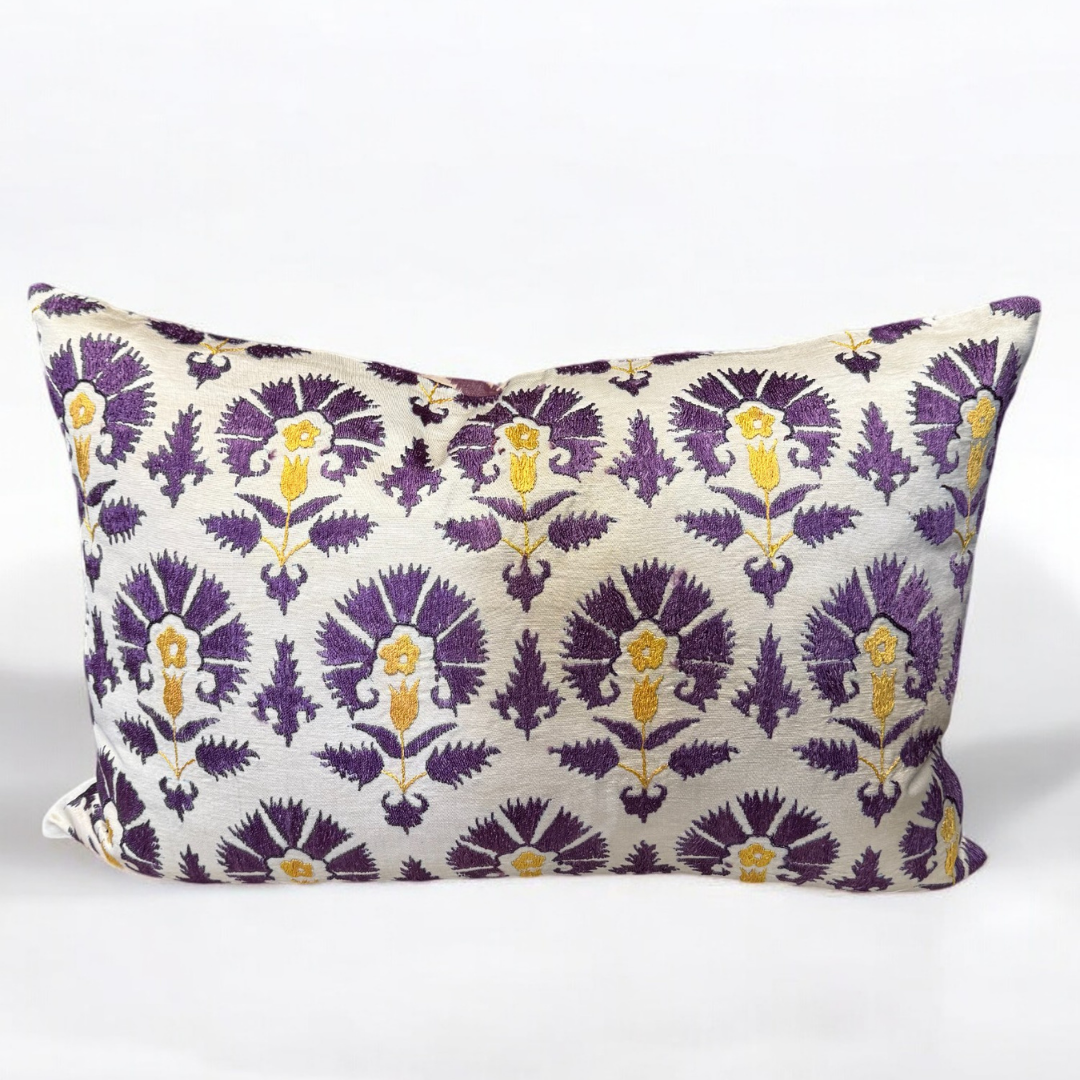 Suzani Yellow Tulip Purple Pillow Cover