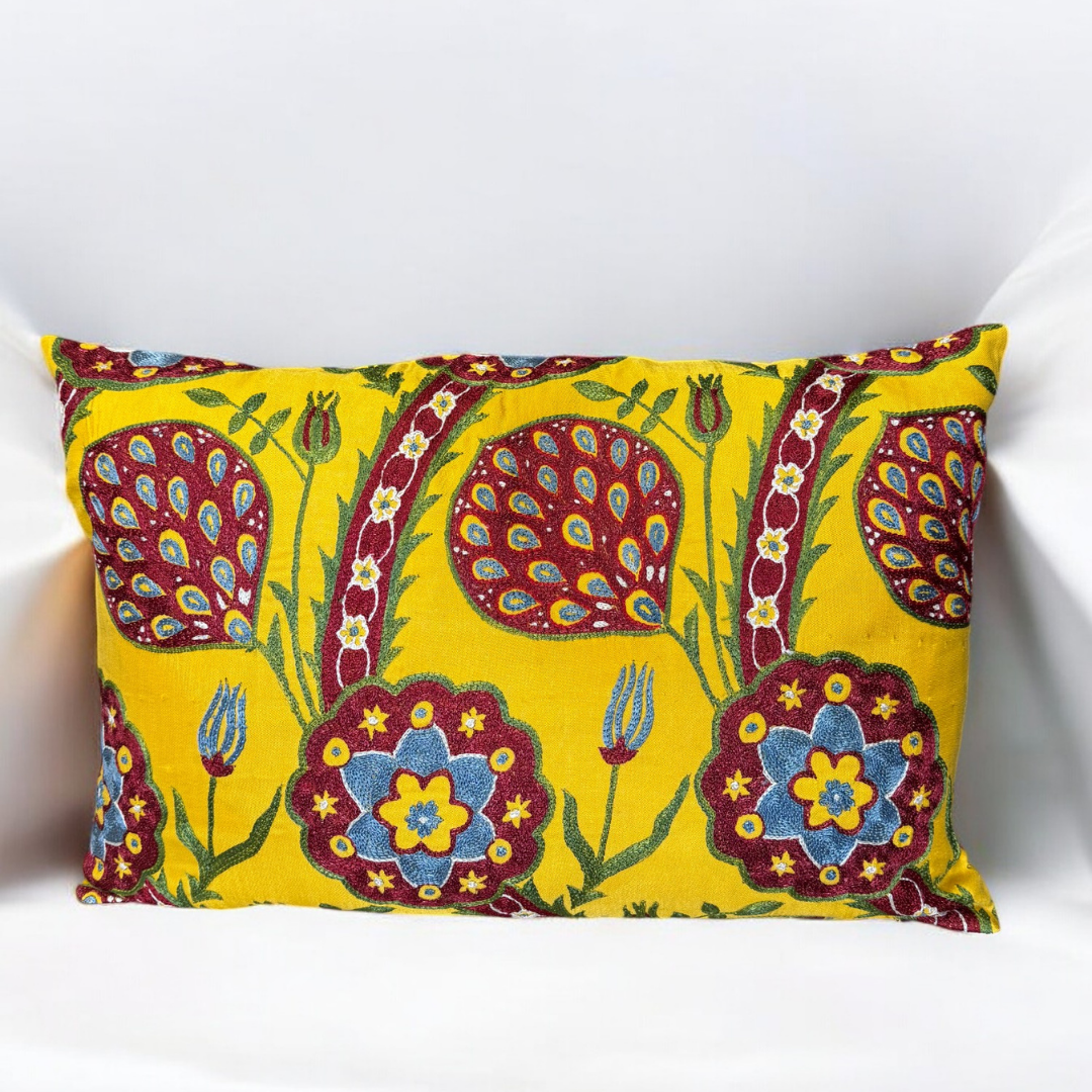 Suzani Yellow Flowers and Tulip Pillow Cover