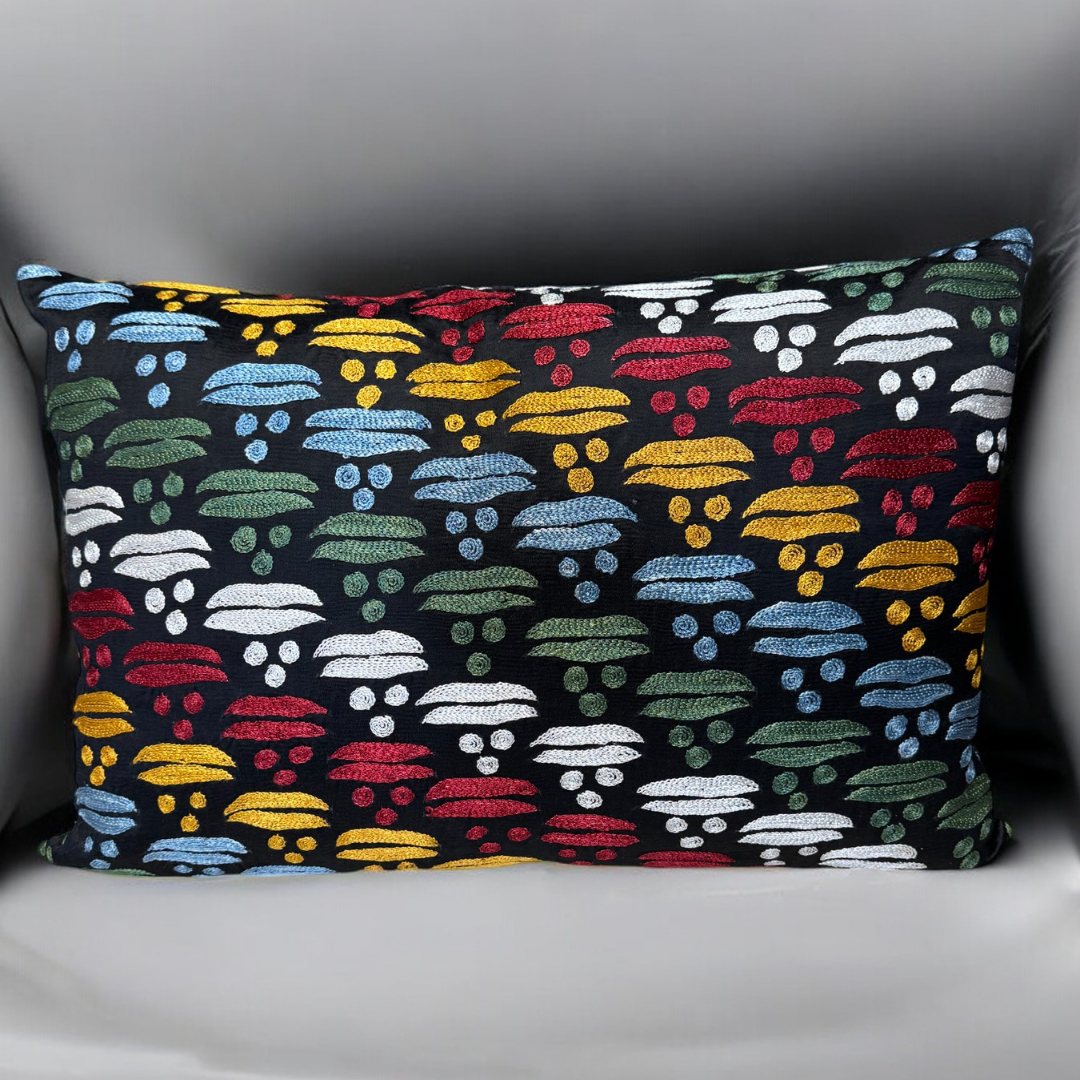 Suzani Rainbow Black Pillow Cover