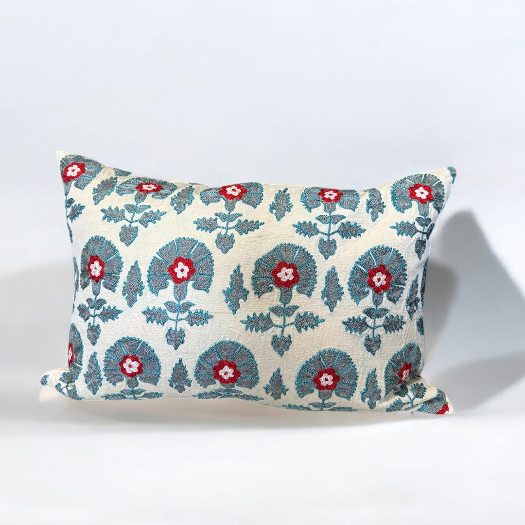 Suzani Blue Flowers Pillow Cover