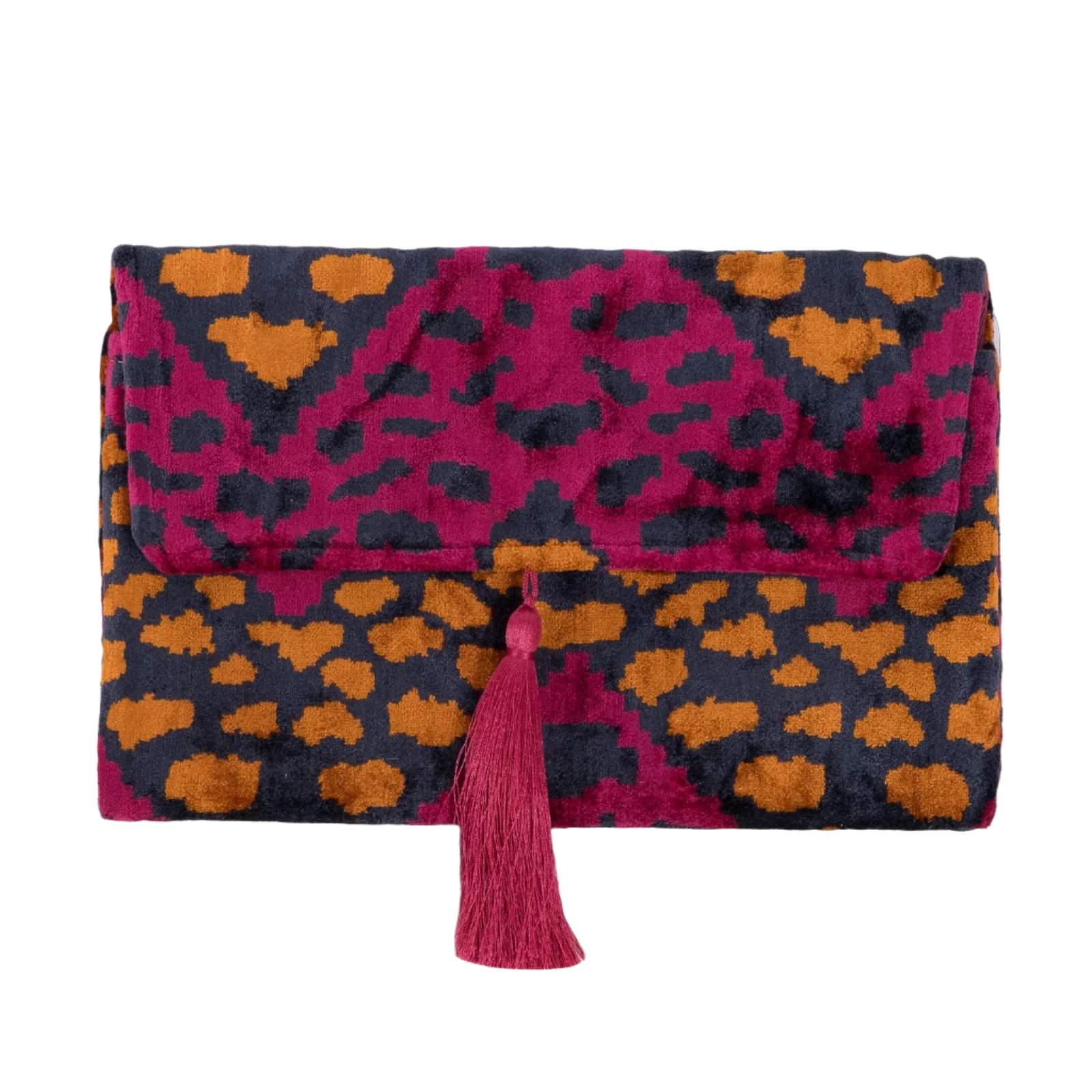 Berry Leopard Silk Velvet Tassel Clutch | Fuchsia &amp; Cinnamon