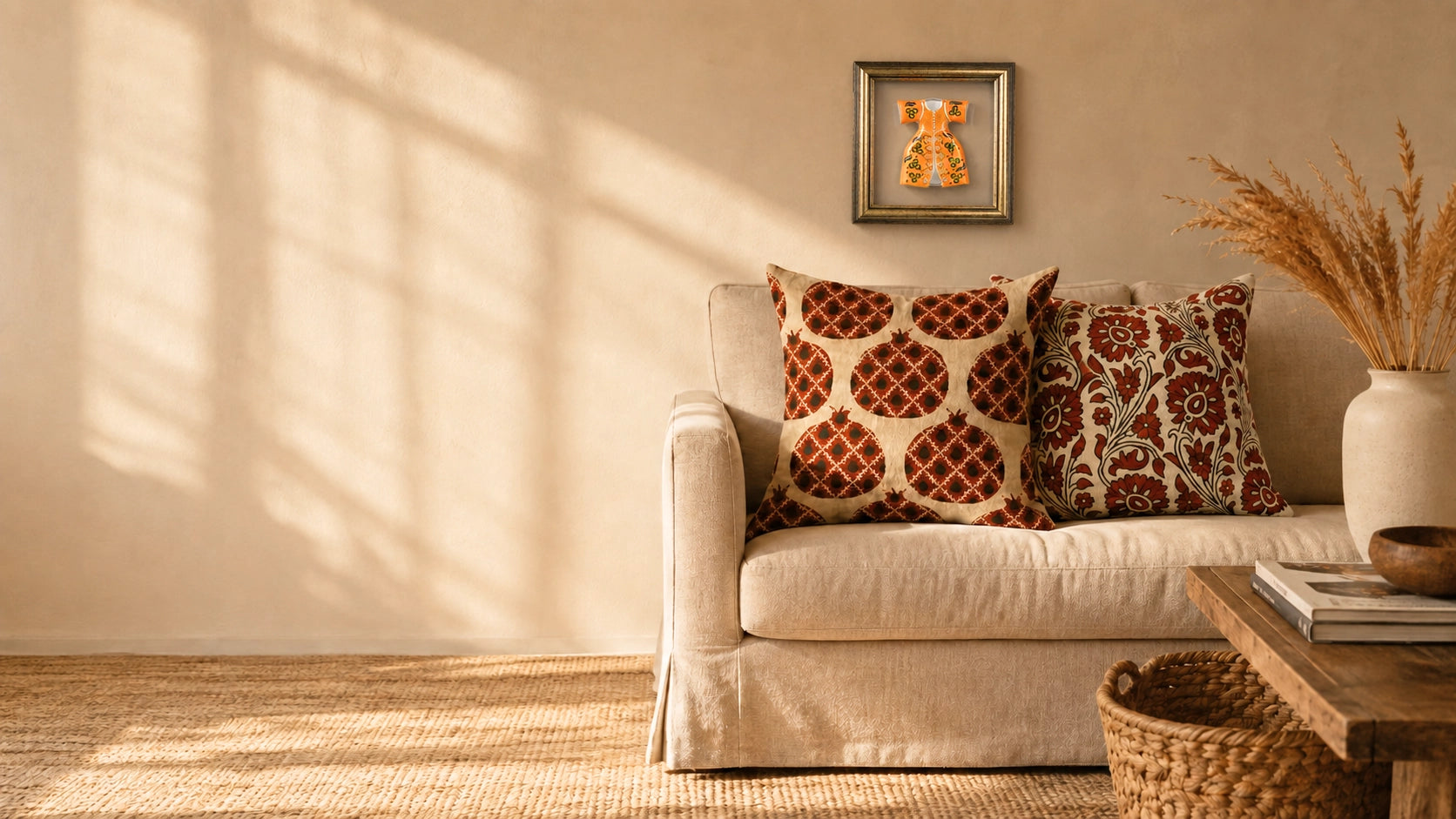 A styled living room scene with a beige slipcovered sofa, two decorative throw pillows, a small framed artwork on the wall, a wooden side table, and a vase with dried grasses in a sunlit room.