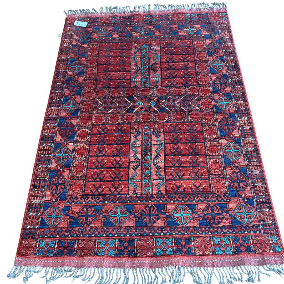 Decorative rug with intricate patterns on a white background