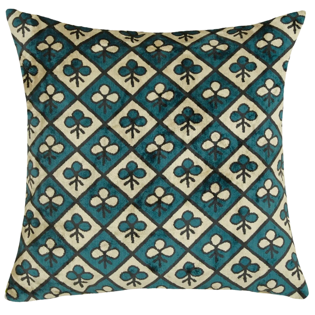 Handmade silk velvet pillow cover with club motif pattern in navy and beige tones