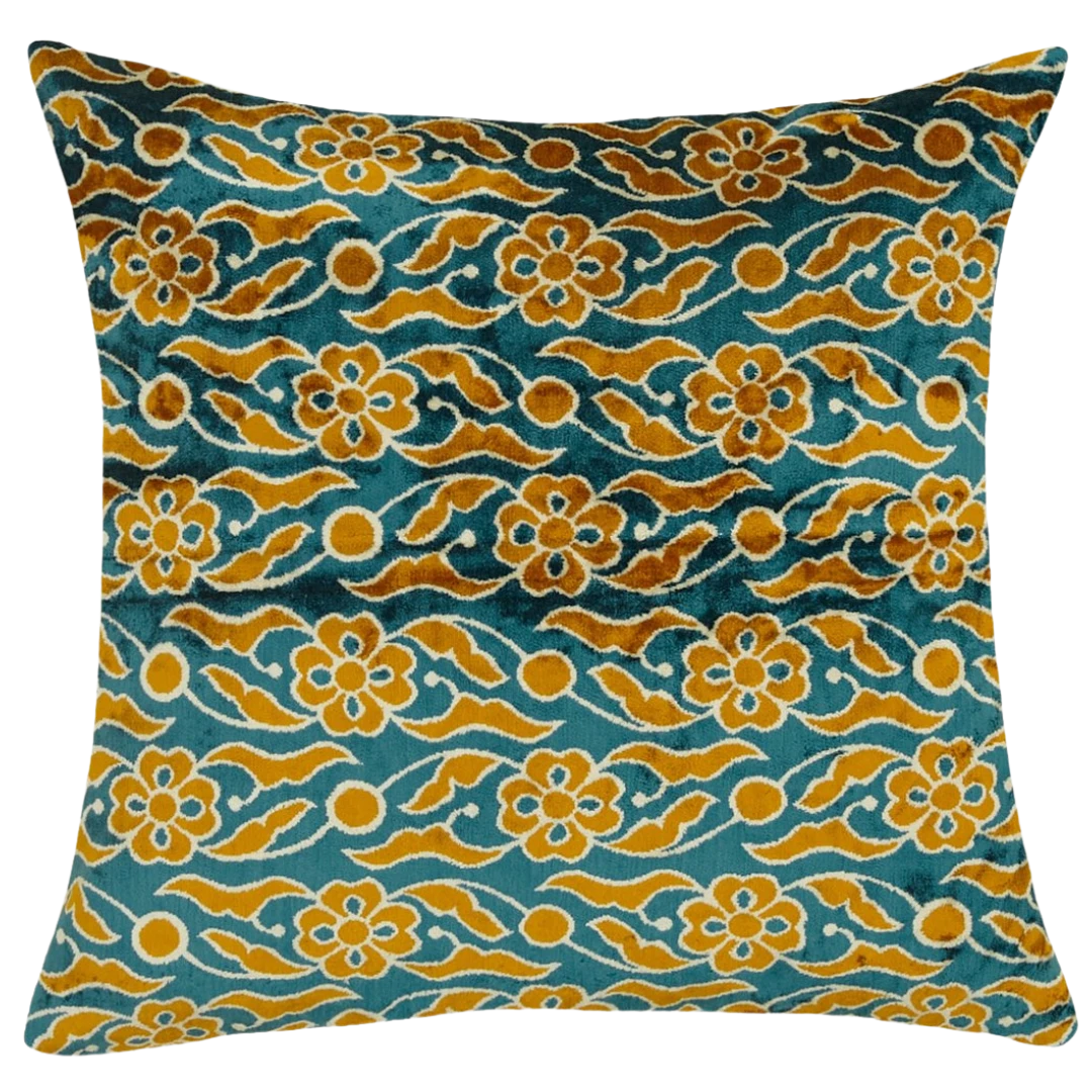 Silk Velvet Pillow Cover Blue Yellow Floral