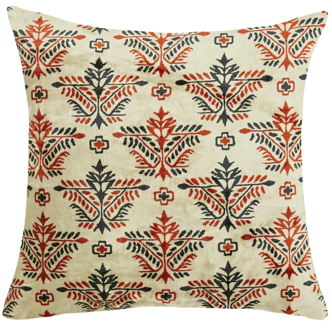 Autumn silk velvet pillow cover with earthy multicolor stripes, handmade in Türkiye