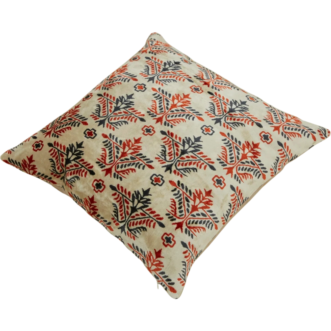 Close-up of striped silk velvet pillow cover in warm autumn tones