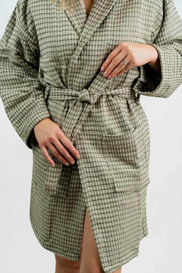Close-up of the tie belt and waffle weave texture on the Aegean Olive Green bathrobe
