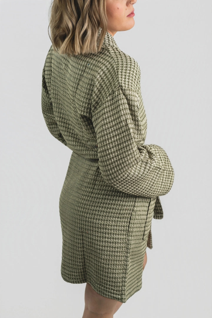 Back view of the Aegean Olive Green waffle weave peshtemal bathrobe, showing its knee length