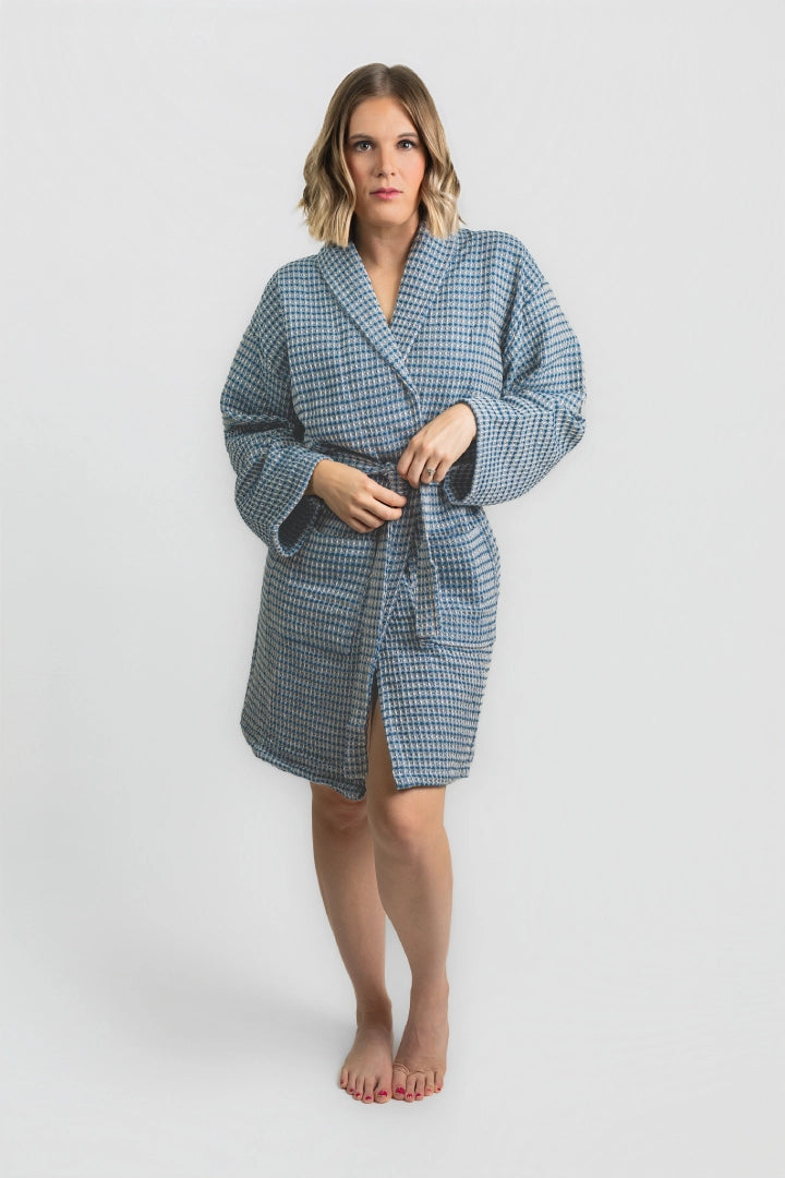 Full-length front view of the Aegean Sky Blue waffle peshtemal bathrobe, worn belted