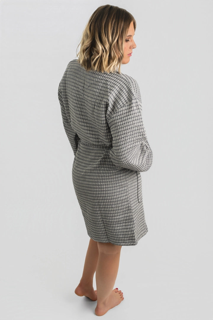 Back view of the Aegean Stone Gray waffle weave peshtemal bathrobe, showing its knee length