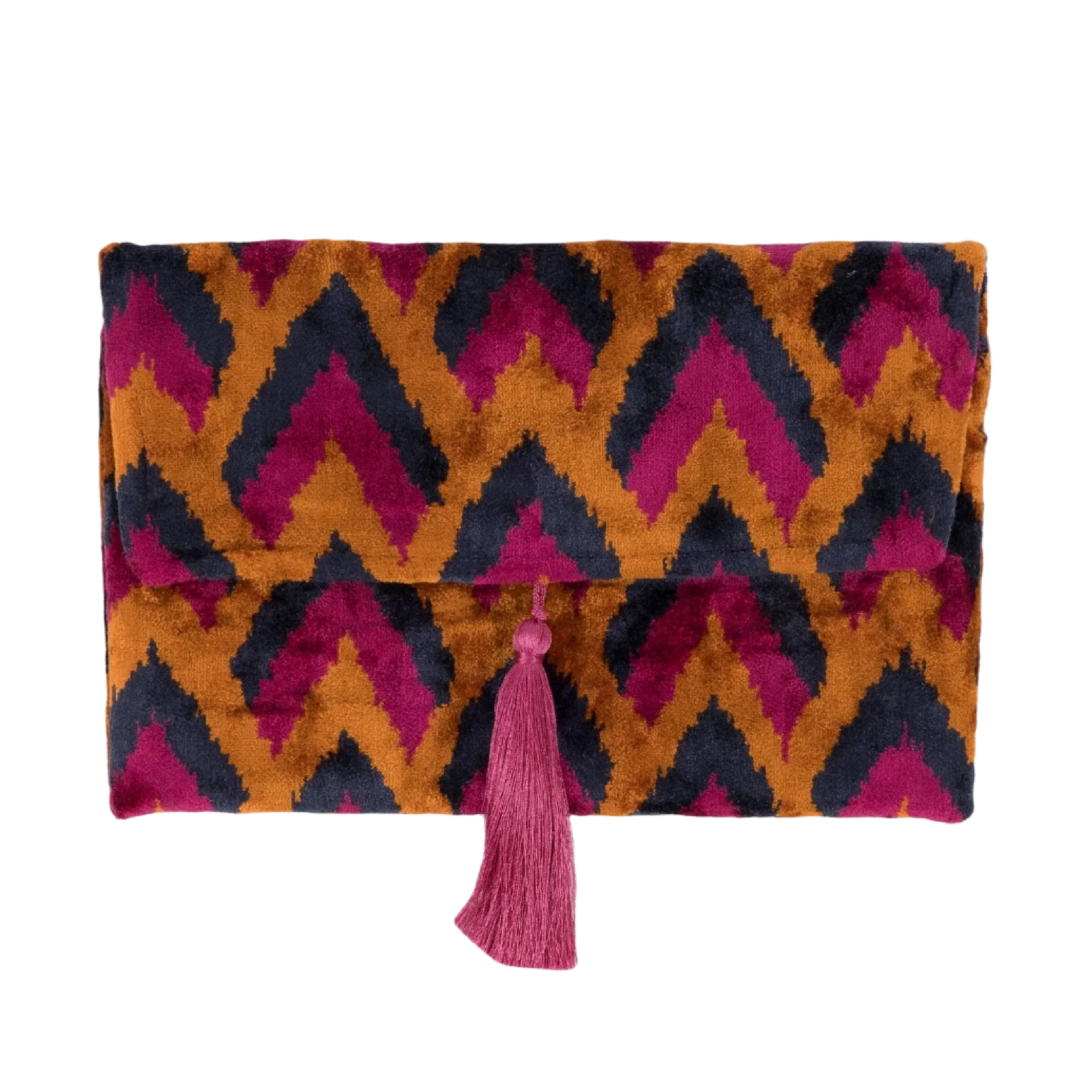 Purple, magenta and amber chevron zigzag silk velvet clutch with a fuchsia tassel