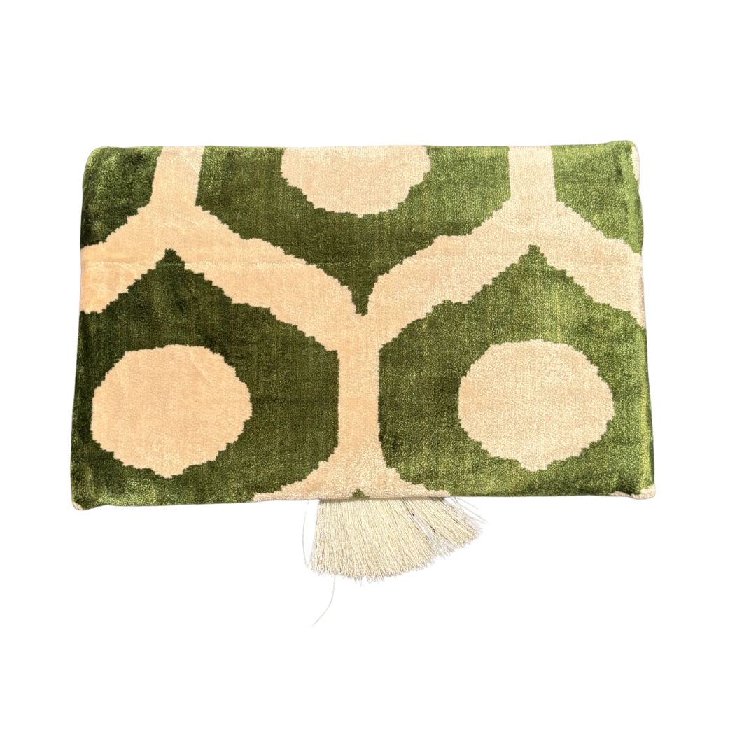Reverse of the olive ogee silk velvet clutch showing the full repeating pattern