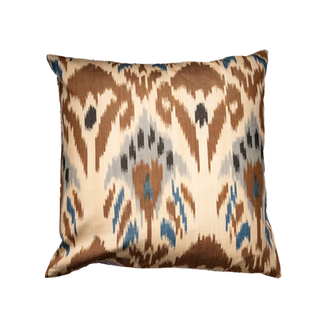 Brown, blue and ivory flame ikat pillow cover, front view