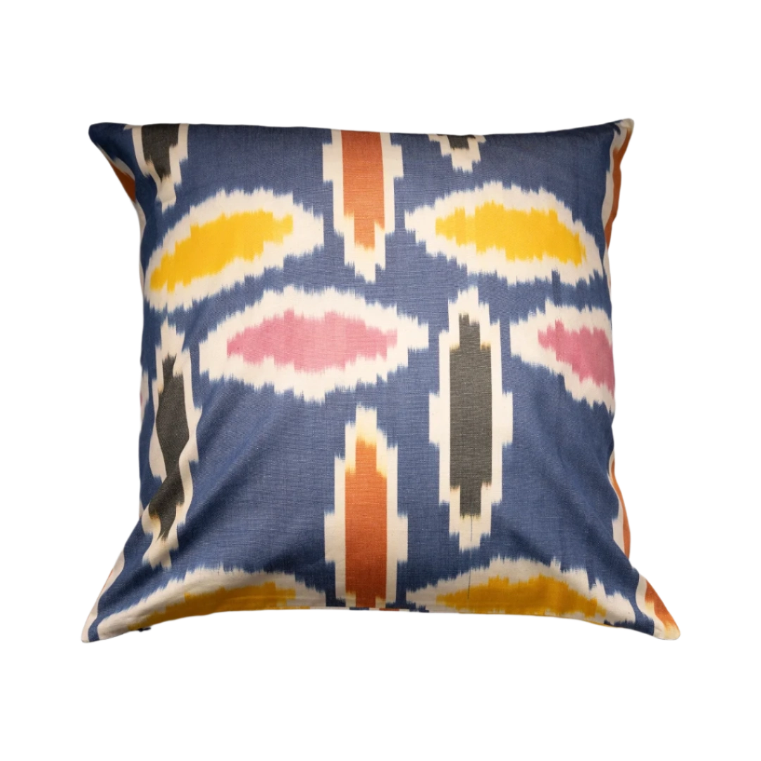 Navy ikat throw pillow cover with gold, rose and charcoal leaf motifs, 20x20