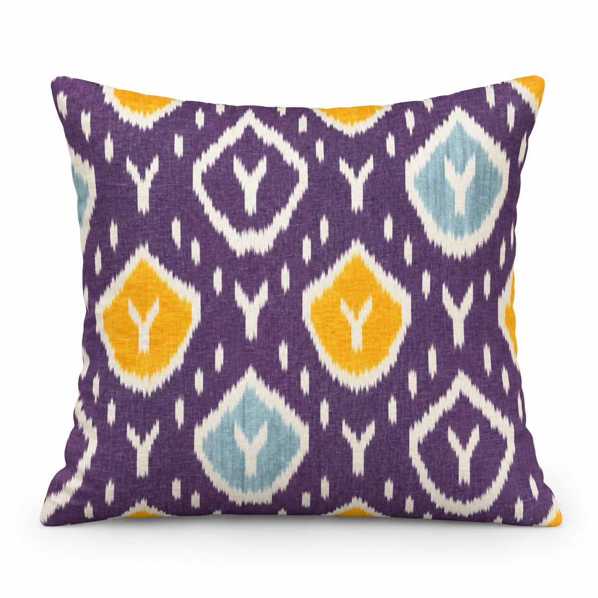 Purple ikat throw pillow cover with ivory-rimmed saffron and sky blue medallions, 20x20